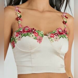 Windsor floral embroidered appliqué crop top/ bustier. Satin, silicone lining. S